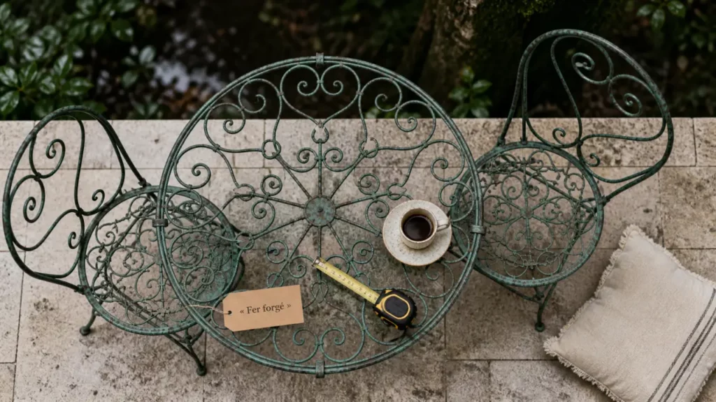 Salon de jardin fer forgé vert-de-gris : table ronde et 2 chaises