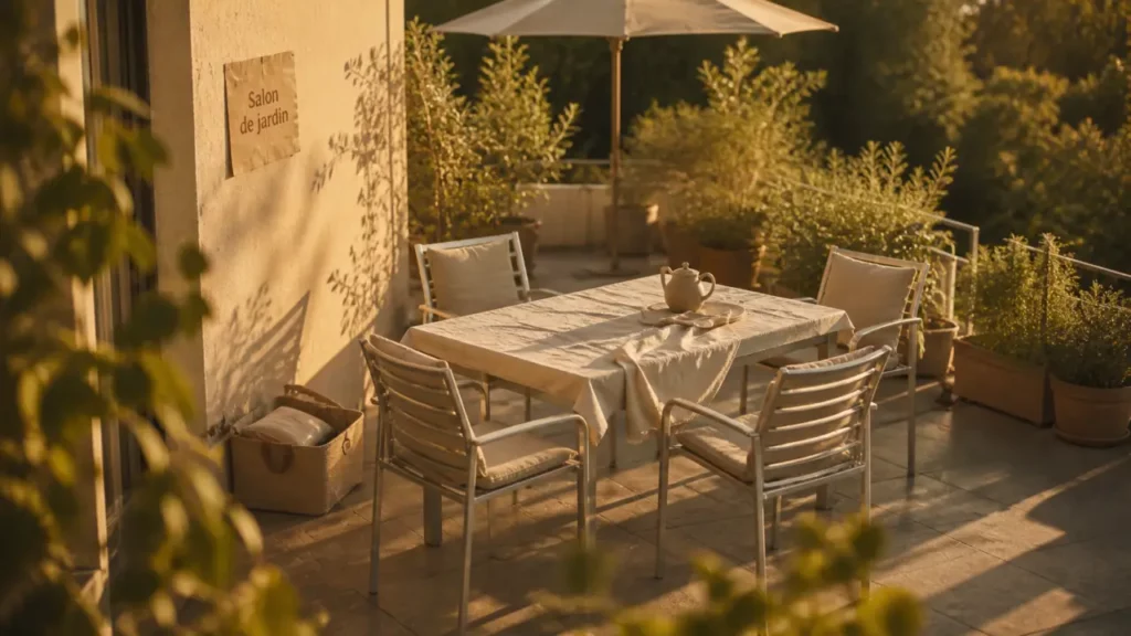 Salon de jardin Lidl aluminium beige sable, table et 4 chaises