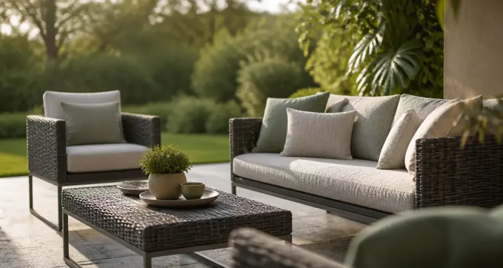 Salon de jardin osier en résine tressée sur terrasse