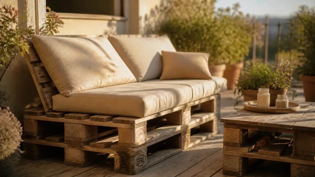 Salon de jardin palette en bois brut avec coussins beige