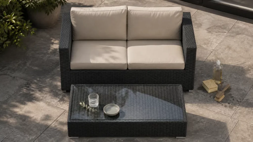 Salon de jardin resine tressée anthracite, table et verre trempé