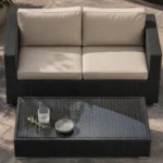 Salon de jardin resine tressée anthracite, table et verre trempé