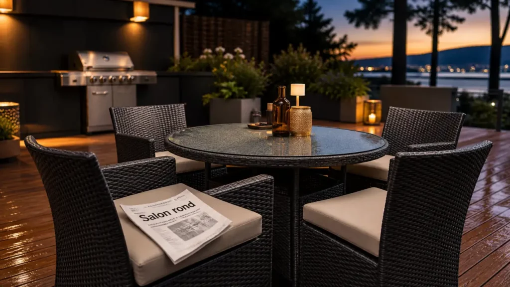Salon de jardin rond sur terrasse bois : table ronde et chaises en résine tressée