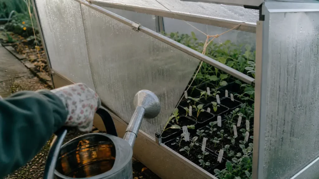 Mini serre de jardin Lidl 3,9 m³, godets de semis et buée au petit matin