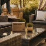 Sweeek salon de jardin sur terrasse bois, coussins textilène, table verre