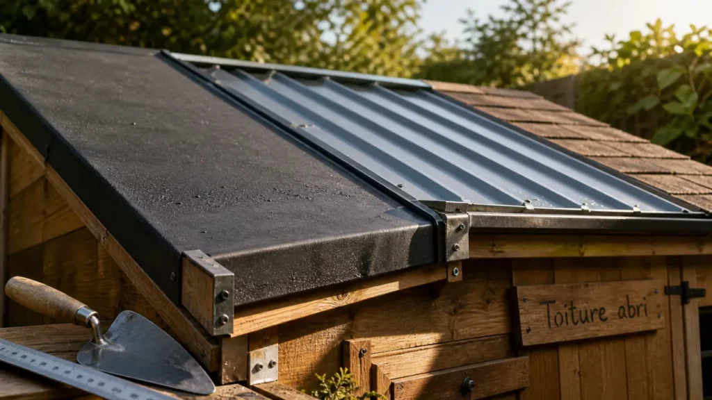 Toiture abri de jardin avec EPDM, bac acier et bardeau canadien