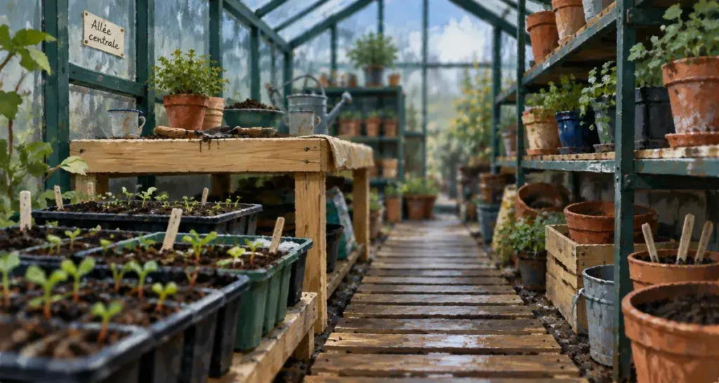 Aménagement serre de jardin : allée centrale dégagée dans une serre vitrée