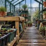 Aménagement serre de jardin : allée centrale dégagée dans une serre vitrée