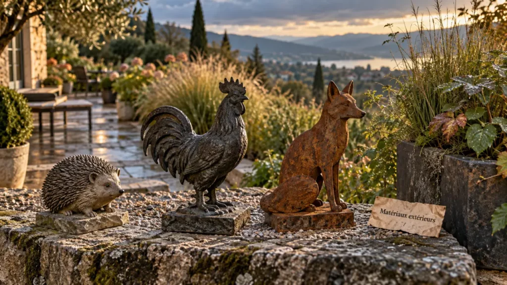 Animaux décoration jardin extérieur : hérisson résine, coq fonte et renard acier Corten