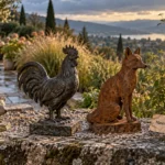 Animaux décoration jardin extérieur : hérisson résine, coq fonte et renard acier Corten