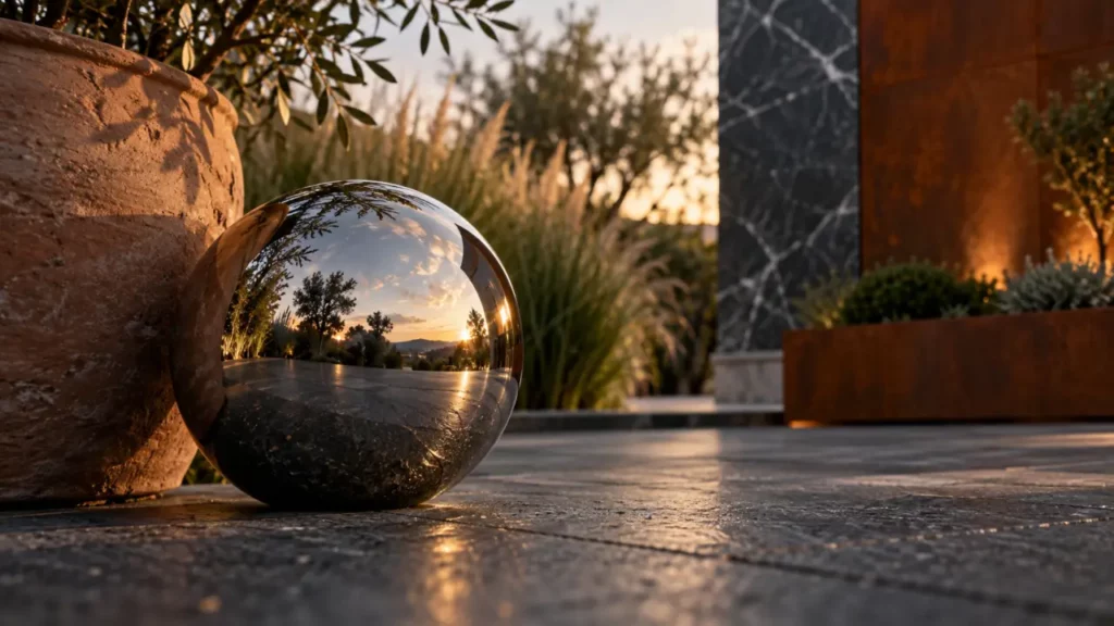 Boule décoration jardin extérieur en inox miroir, reflets réalistes sur terrasse sombre