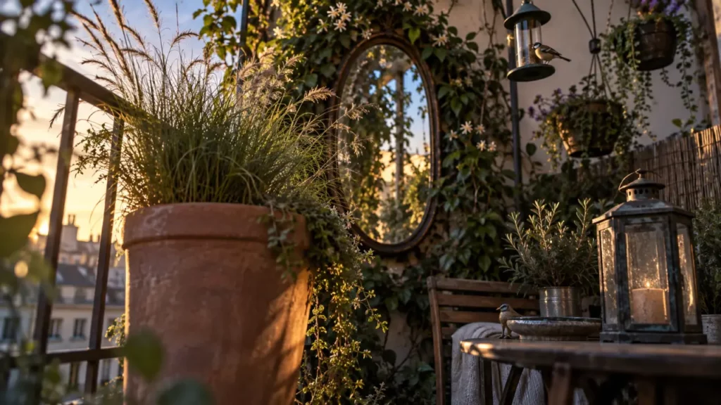 Décoration de jardin originale : balcon en ville avec jardinière, miroir et lanternes