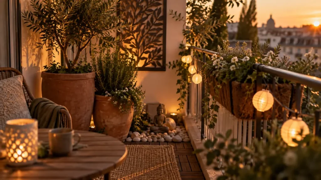 Décoration jardin extérieur gifi : terrasse urbaine étroite, pots et guirlande lumineuse
