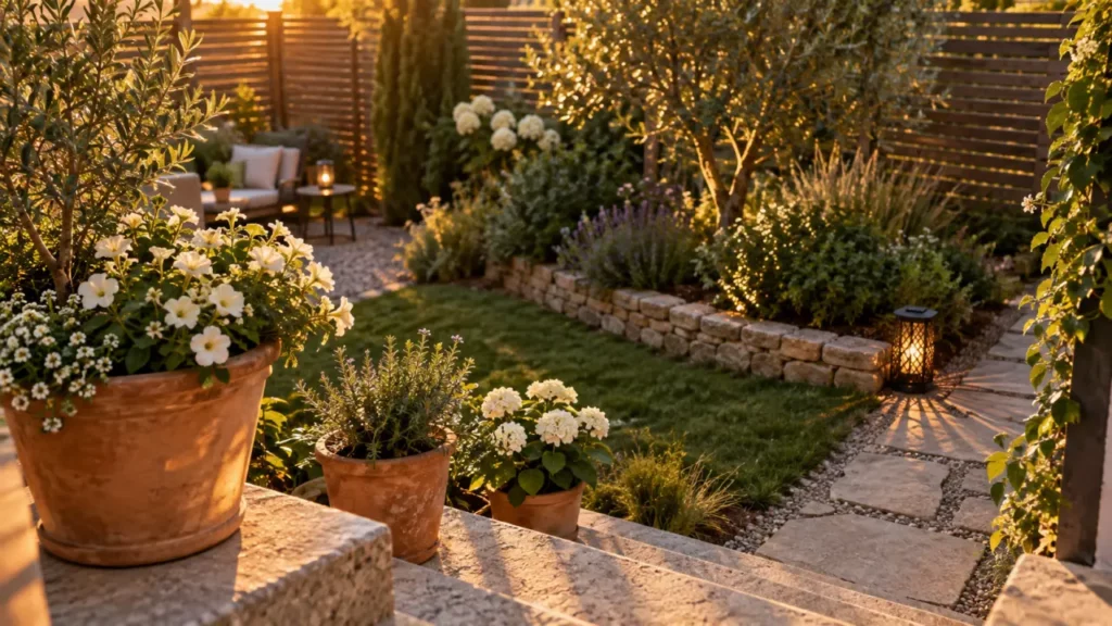 Décoration jardin pas chère : jardinière en terre cuite, fleurs et lanterne solaire