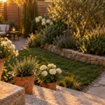 Décoration jardin pas chère : jardinière en terre cuite, fleurs et lanterne solaire