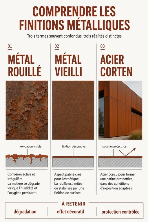 Comparaison entre décoration de jardin en métal rouillé, métal vieilli et acier Corten