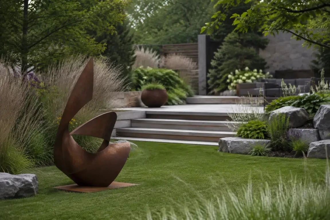Décoration de jardin en métal rouillé associée à des graminées et une terrasse