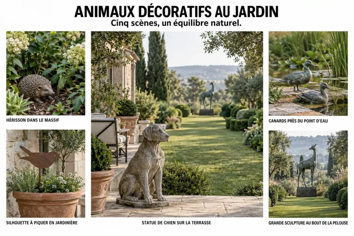Mise en scène d’animaux décoration jardin extérieur dans un massif, une terrasse, une pelouse et près d’un bassin