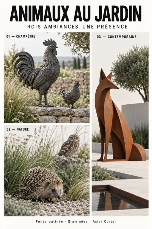 Exemples de styles pour choisir des animaux décoration jardin extérieur champêtre nature ou contemporain