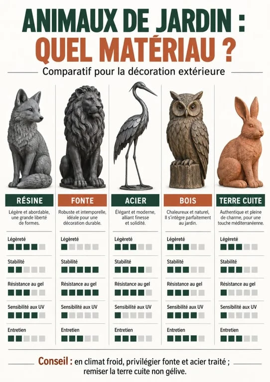 Infographie sur les matériaux pour animaux décoration jardin extérieur et leur résistance aux intempéries