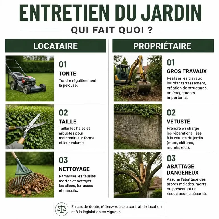 Infographie des obligations d'entretien de jardin pour le locataire et le propriétaire