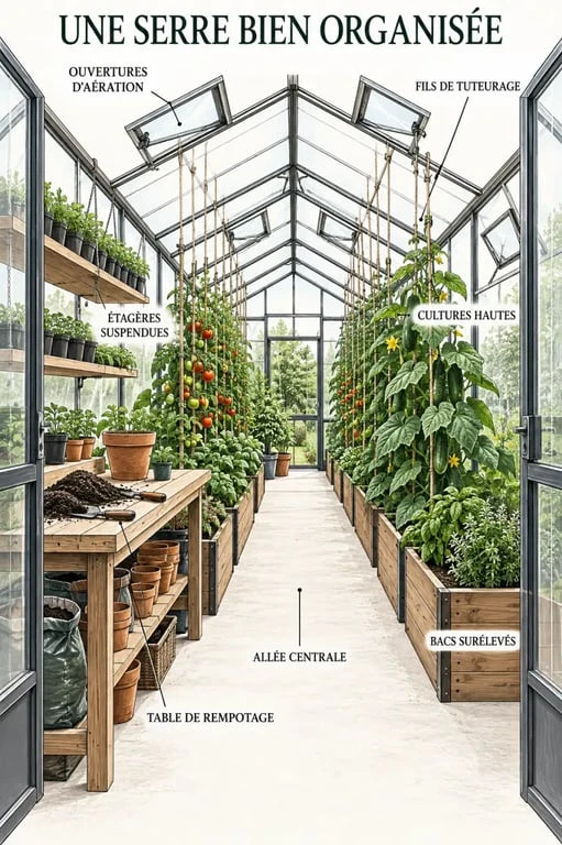 Aménagement serre de jardin avec allée centrale, étagères et zones de culture