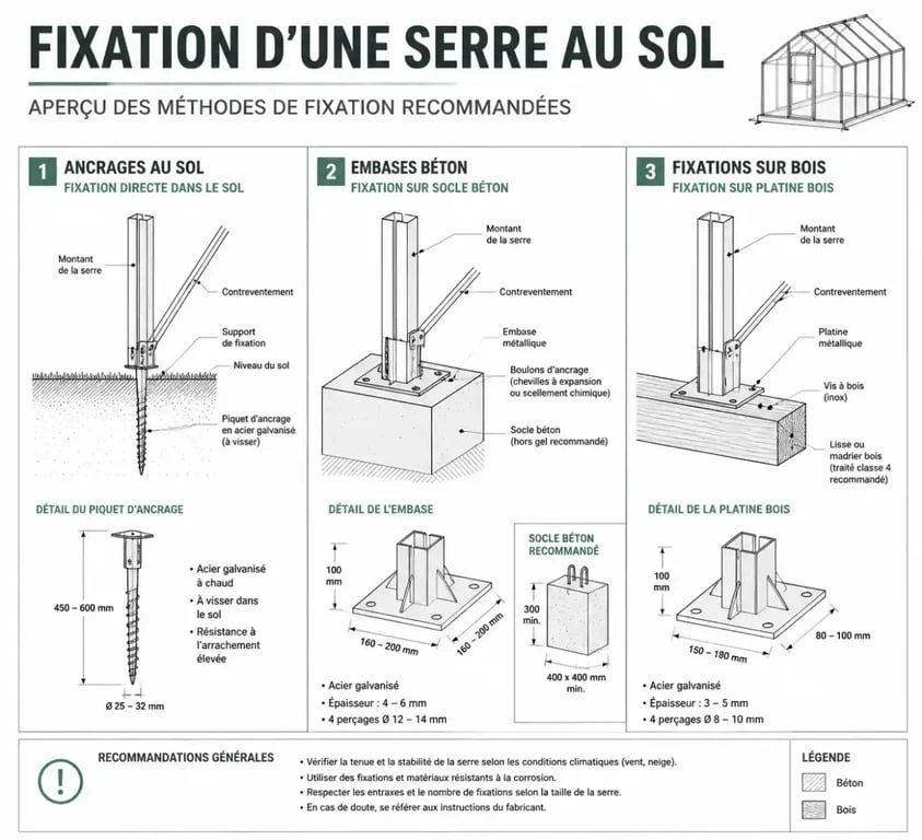 Schéma des méthodes de fixation pour installer une serre de jardin