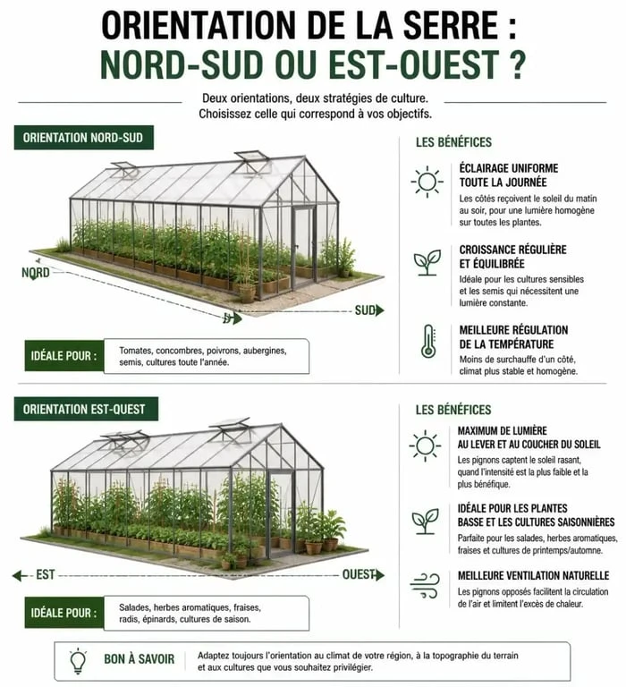 Infographie sur l'orientation idéale pour installer une serre de jardin