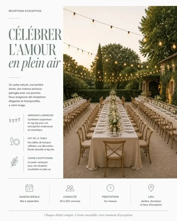 Décoration de mariage dans un jardin avec éclairage guinguette