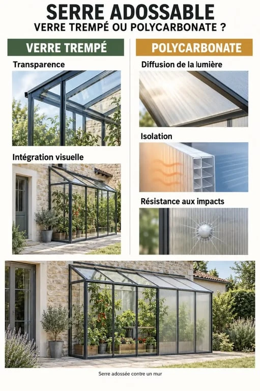 Infographie comparative sur une serre de jardin adossable en verre ou polycarbonate
