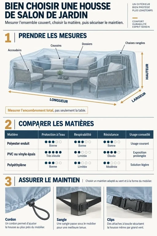 Infographie pour choisir une housse de salon de jardin selon les dimensions, la matière et les fixations