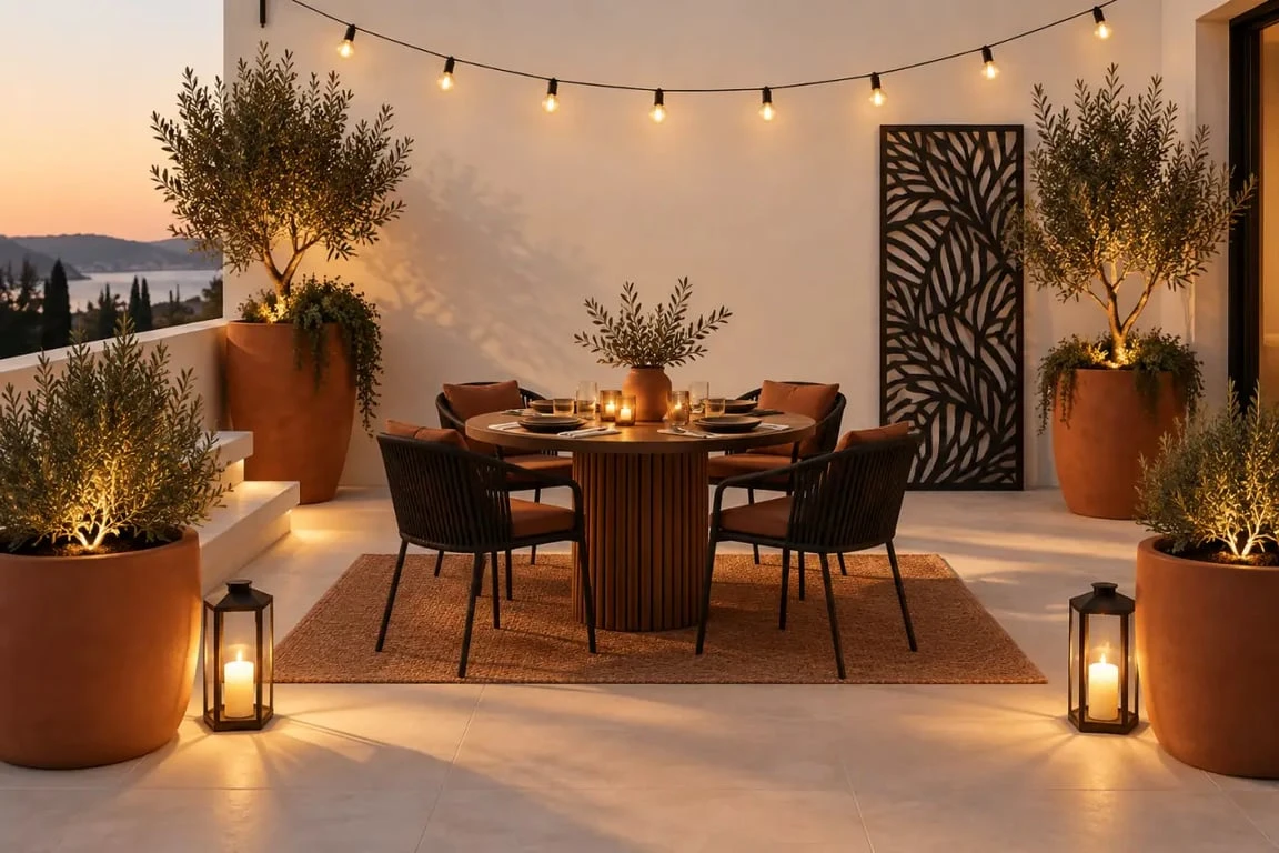 Décoration de jardin extérieur GiFi sur une terrasse avec grands pots, lanternes et guirlande guinguette