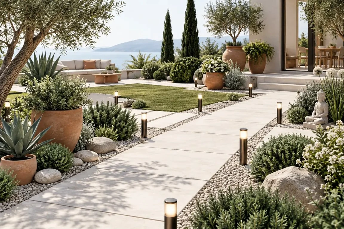 Décoration de jardin extérieur GiFi avec pots, statue, galets et bornes solaires dans une composition naturelle