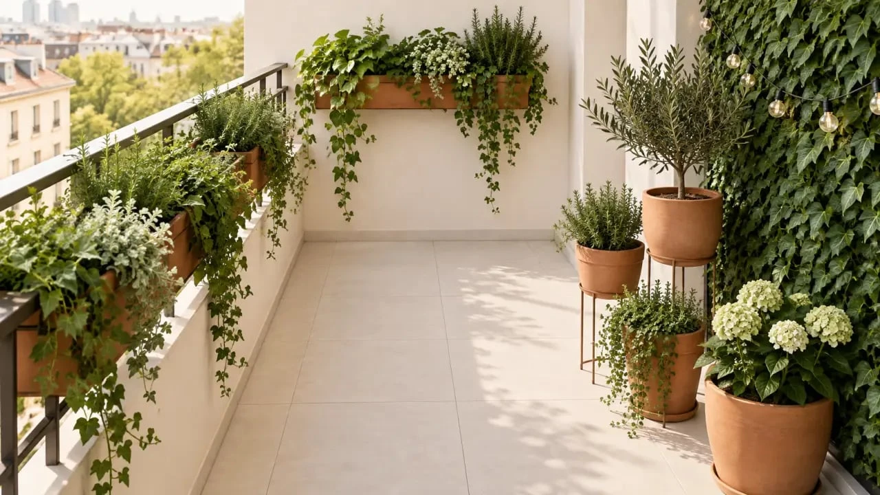 Décoration de jardin extérieur GiFi pour aménager un petit balcon avec jardinières suspendues et guirlande