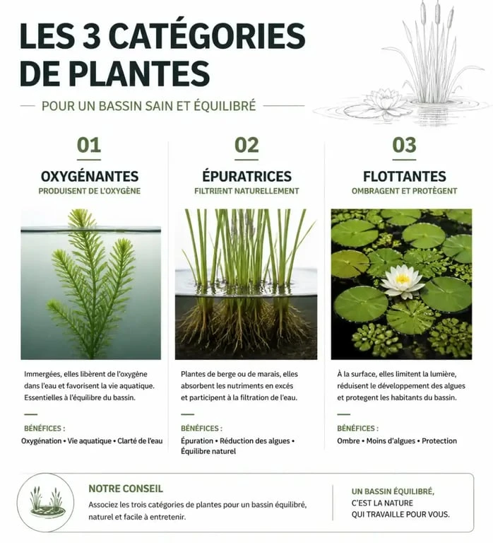 Catégories de plantes pour bassin extérieur et leurs rôles biologiques