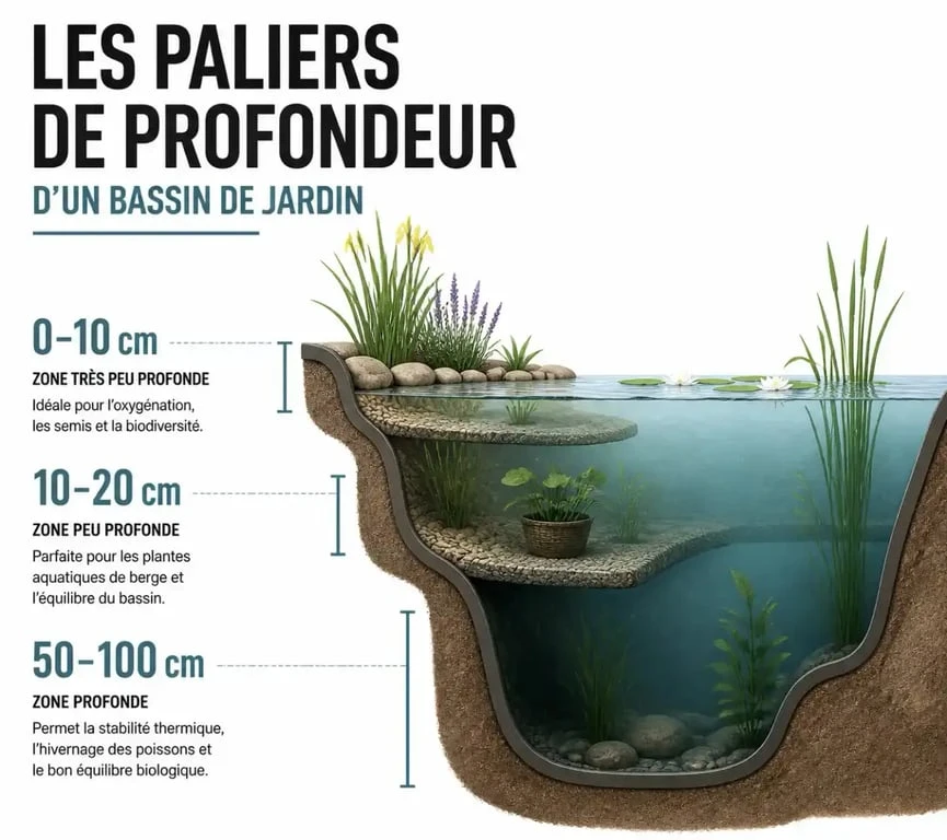 Schéma des zones de plantation pour plantes pour bassin extérieur selon la profondeur
