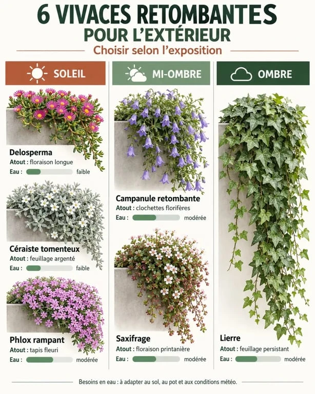 Infographie des plantes retombantes extérieur vivace selon l’exposition et les besoins en eau