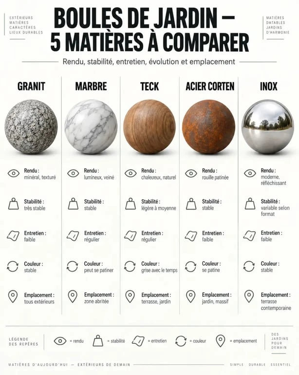 Infographie comparative des matières pour une boule décoration jardin extérieur