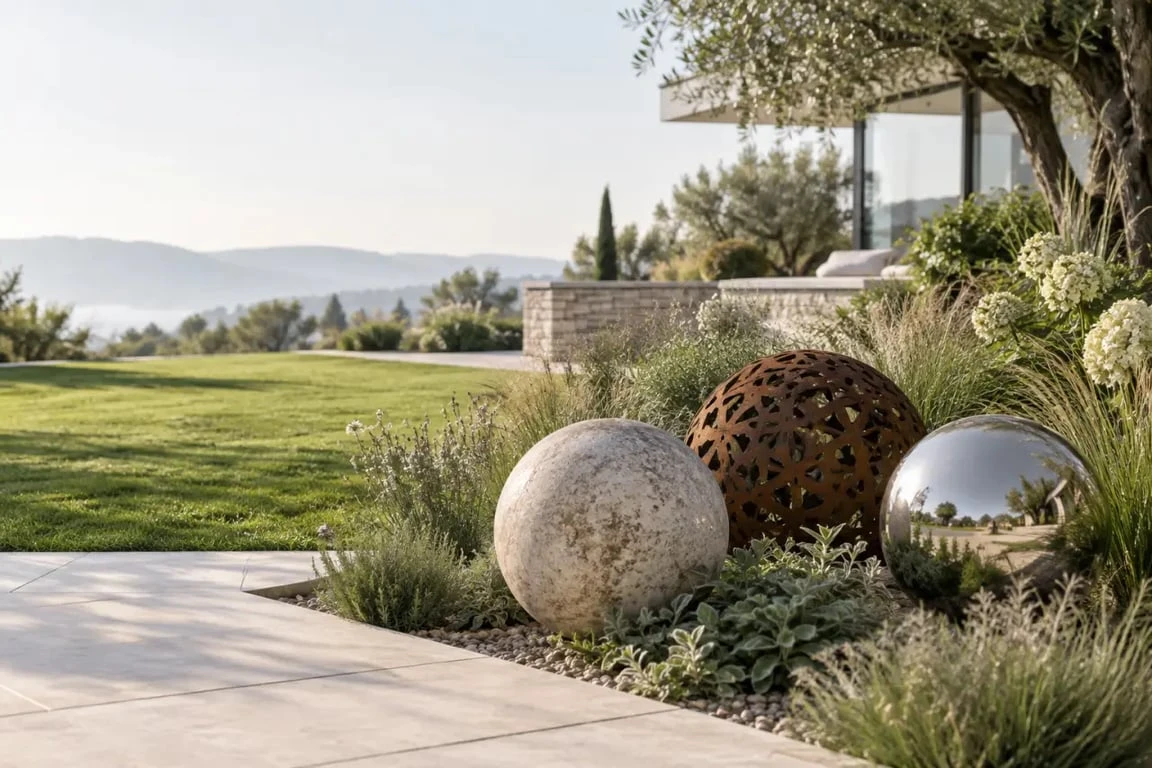Boule décoration jardin extérieur en pierre, acier corten et inox dans un aménagement paysager