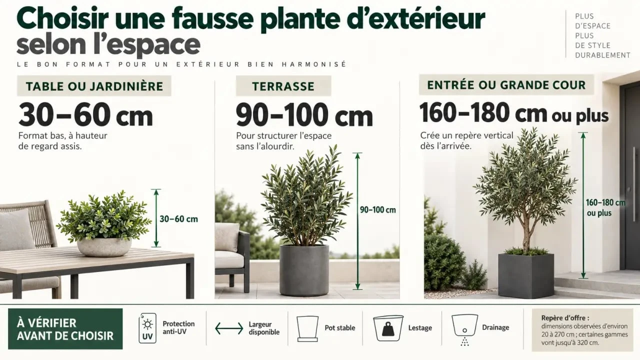 Infographie pour choisir des fausses plantes extérieur selon la hauteur et l'espace disponible
