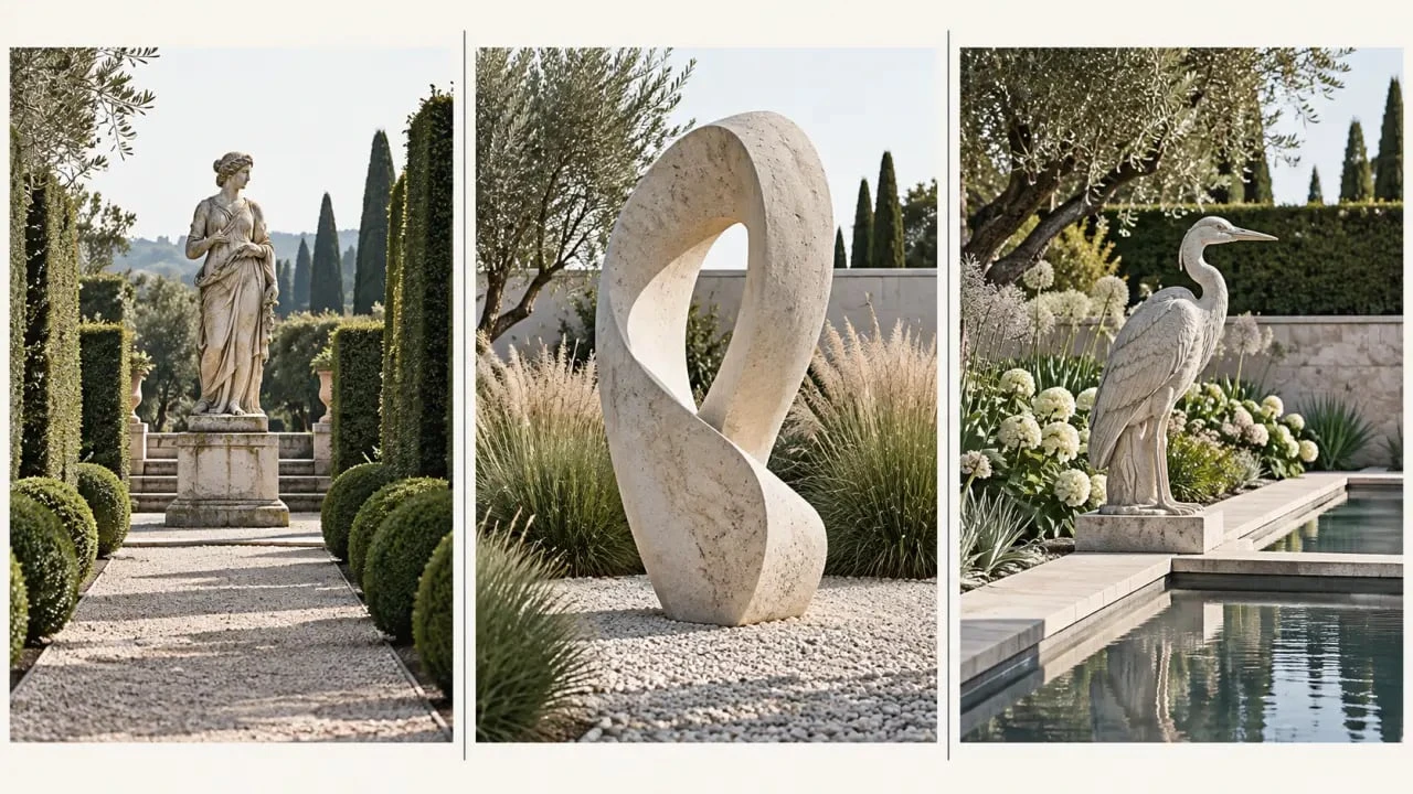 Statues décoration jardin classiques, contemporaines et animalières dans trois ambiances paysagères