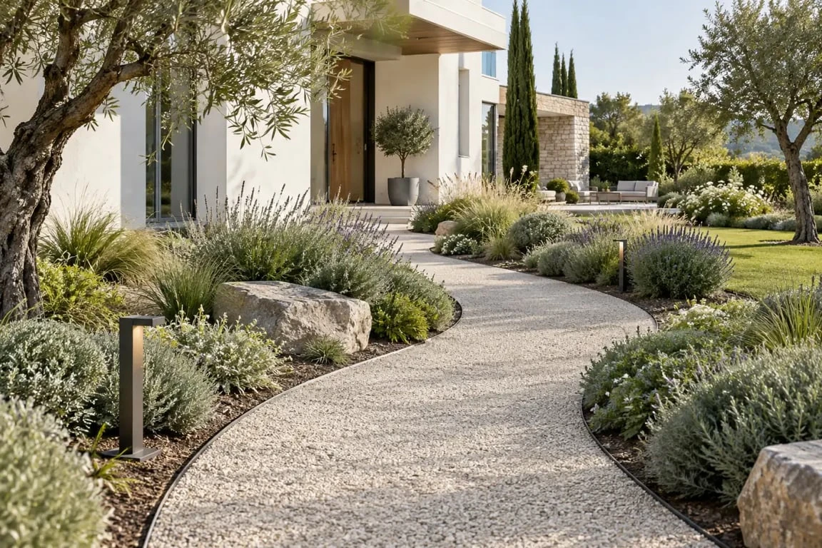 Exemple d’aménagement d’une allée de jardin courbe avec gravier, plantations et éclairage discret