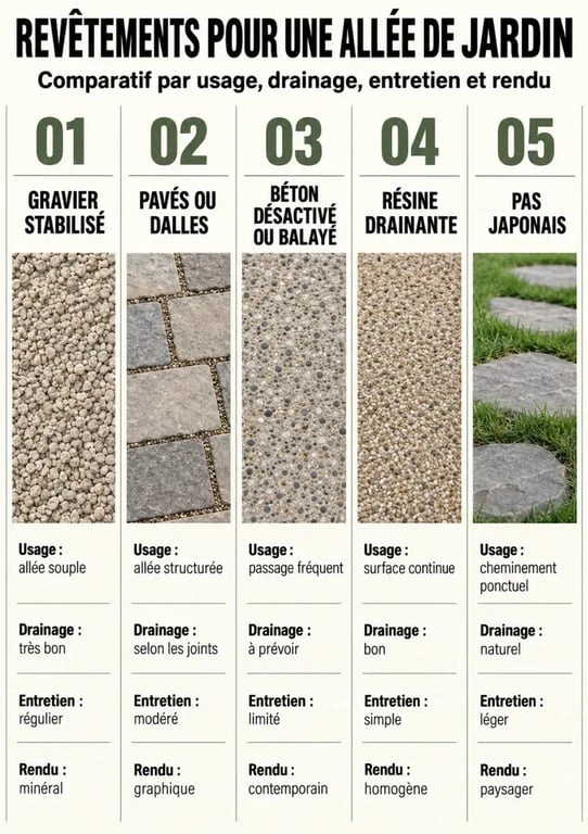 Infographie comparative pour l’aménagement d’une allée de jardin selon le revêtement, le drainage et l’entretien