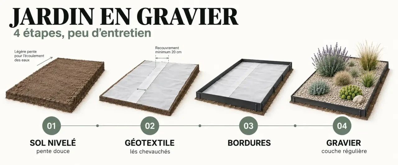 Étapes de préparation d’un jardin en gravier sans entretien avec géotextile et bordures