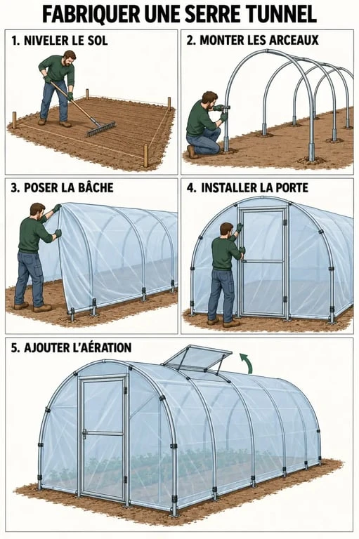 Étapes pour fabriquer une serre de jardin tunnel avec arches, bâche et ventilation