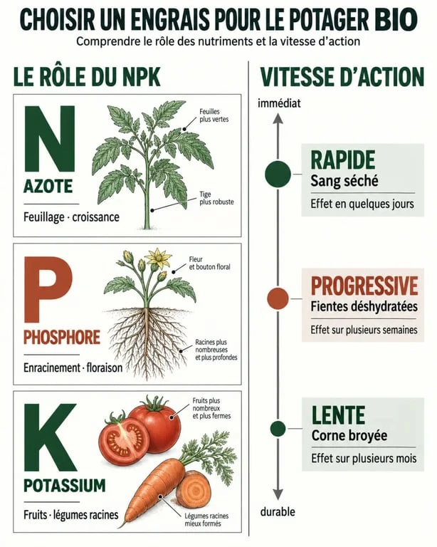 Infographie sur l’engrais pour potager bio, le rôle du NPK et la vitesse d’action des apports