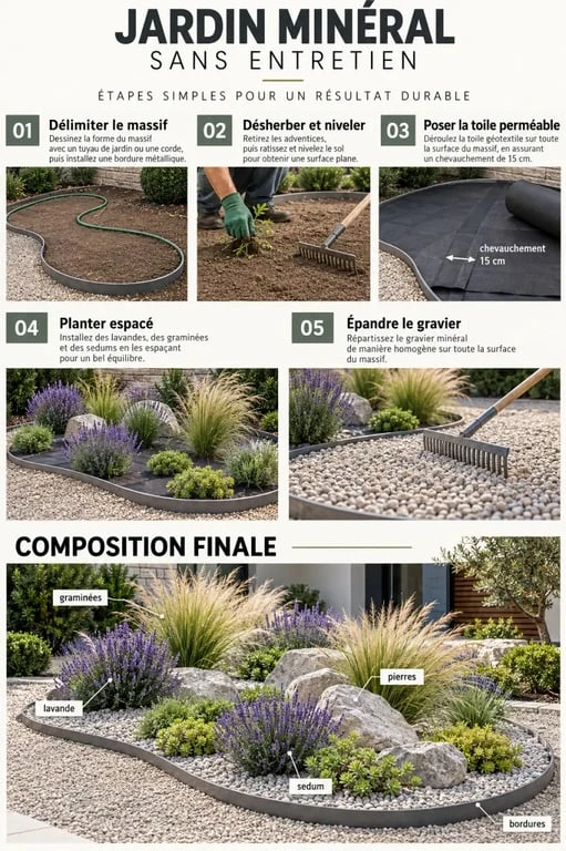 Étapes d’installation d’un jardin minéral sans entretien avec toile de paillage, plantes et gravier