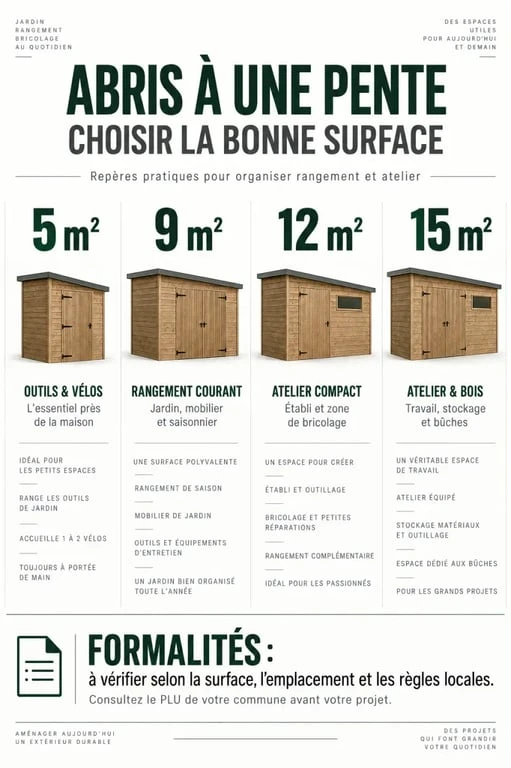 Formats et usages d’un plan d’abri de jardin 1 pente selon la surface