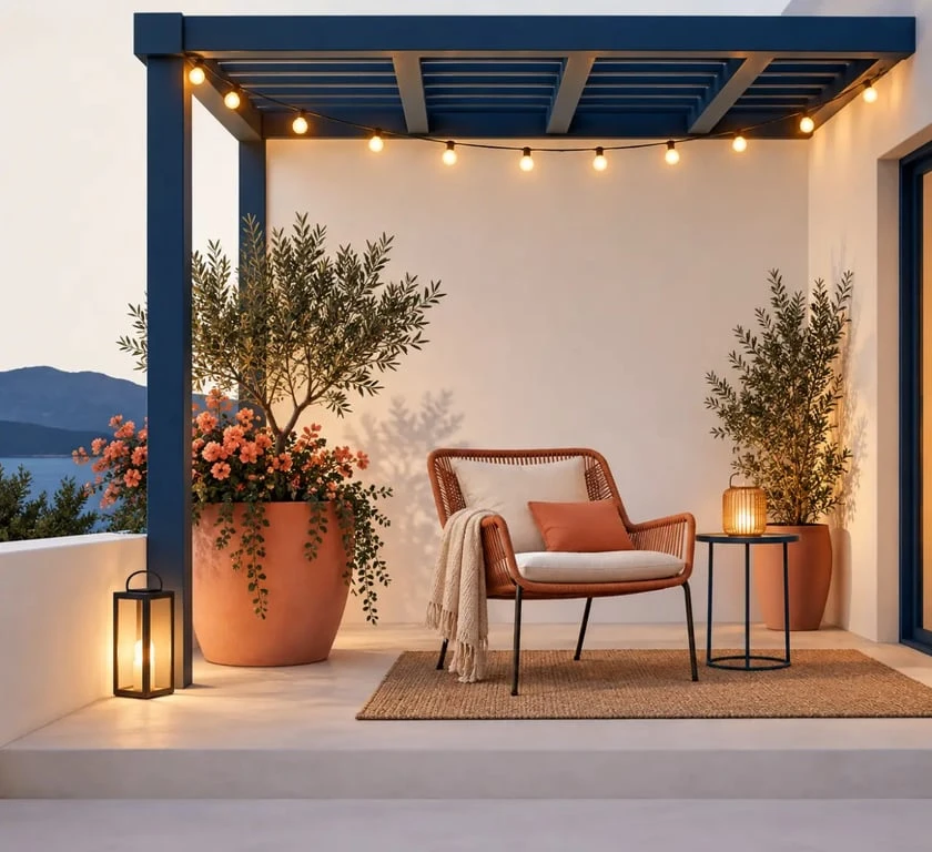 Décoration de jardin pas chère avec jardinière, lanterne solaire et guirlande sur une terrasse