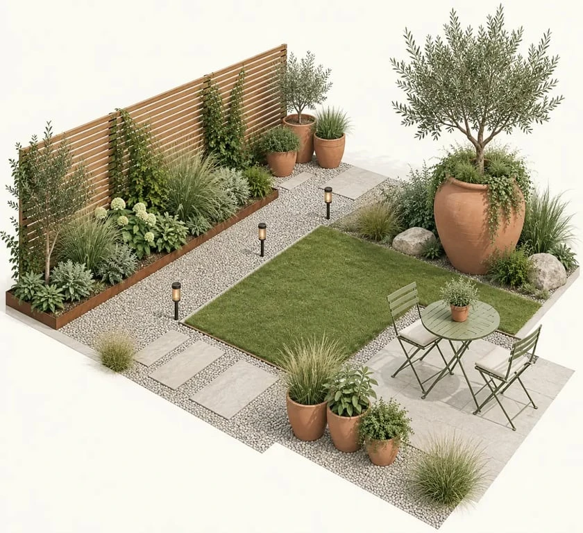 Décoration de jardin pas chère avec bordure, brise-vue, pots et lanternes solaires
